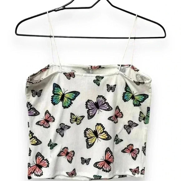 Faded Rose White Cord Spaghetti Strap Y2K MultiColor Butterfly print Crop Tank - Picture 3 of 15